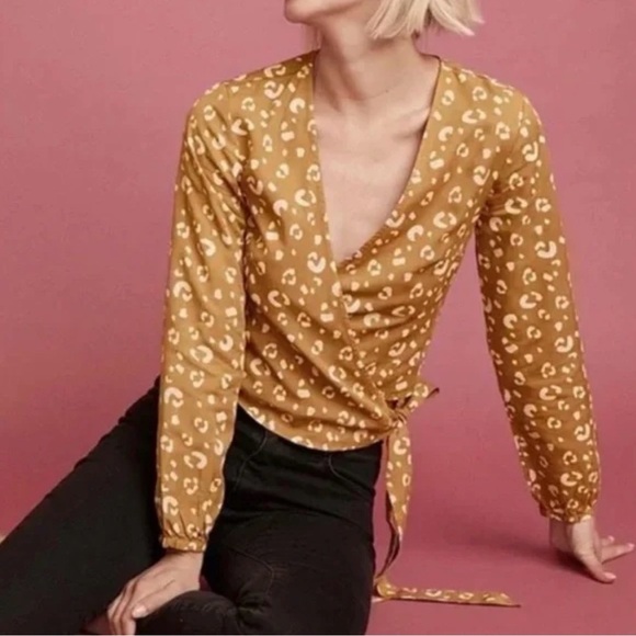 Marine Layer Tops - NWT Marine Layer Mustard Leopard Print Wrap Blouse SIZE Medium